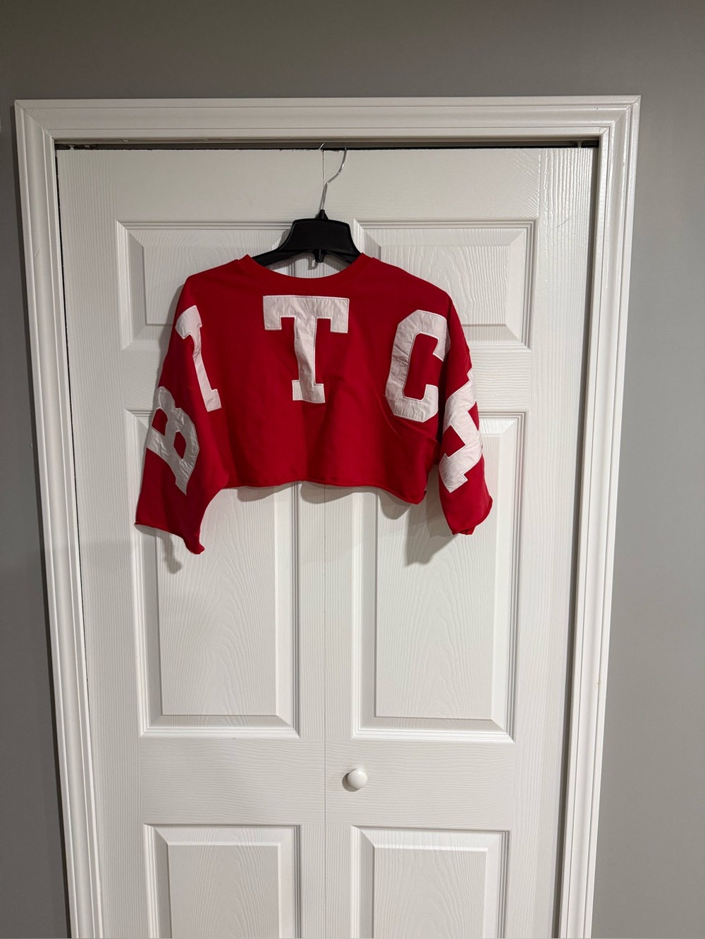 Cropped Red Letter-Embroidered Crewneck Sweater